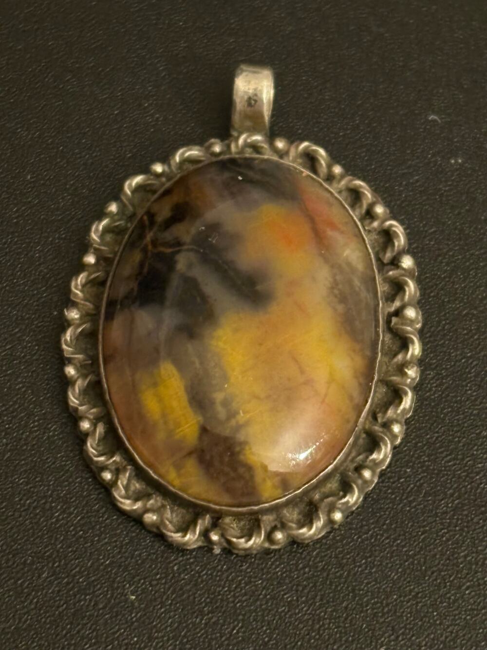 Vintage Genuine Jasper Cabochon Silver Tone Pendant